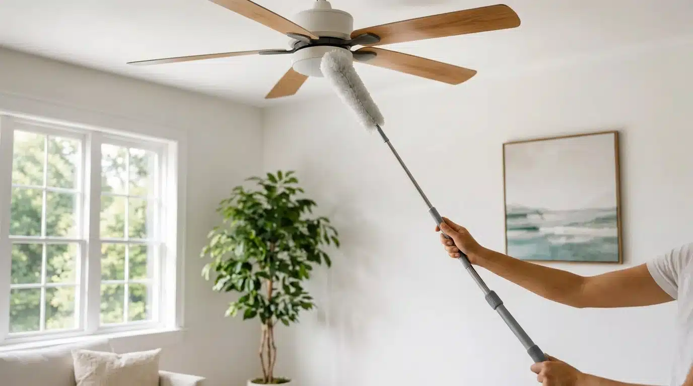 Person cleaning a ceiling fan with an extendable duster in a bright living room with plants and large window.