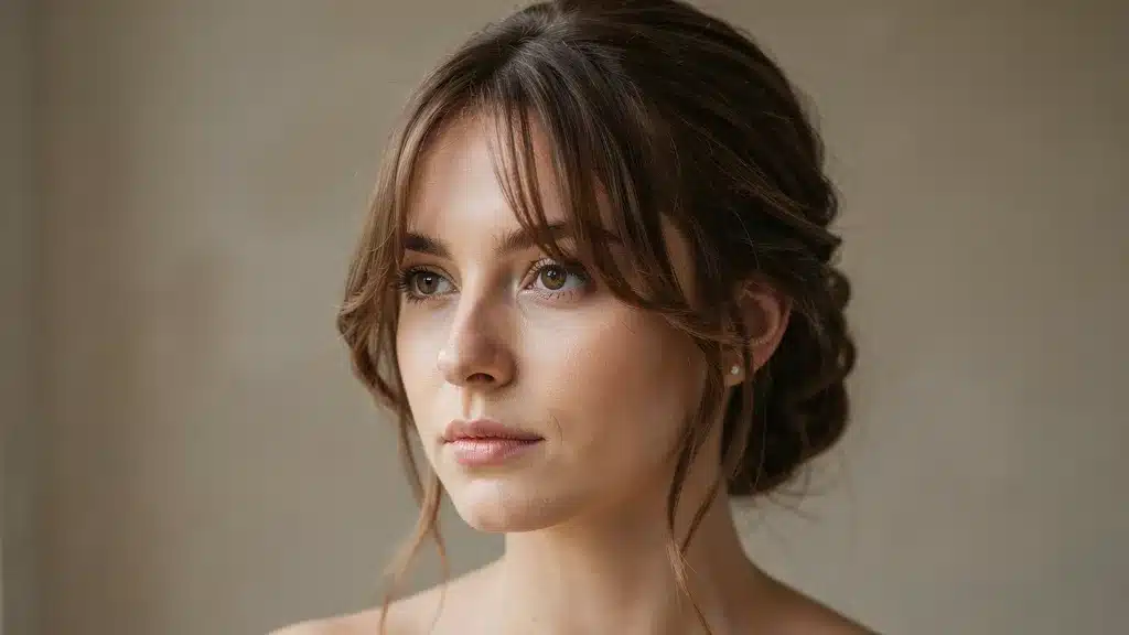 Bardot fringe hairstyle with center parted voluminous bangs swept to both sides paired with an elegant updo