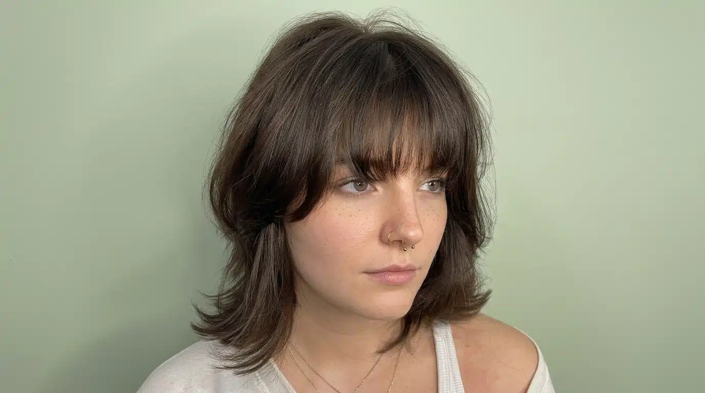 Flip fringe blow dried with ends curling lightly upward for a retro inspired lifted look in soft indoor lighting