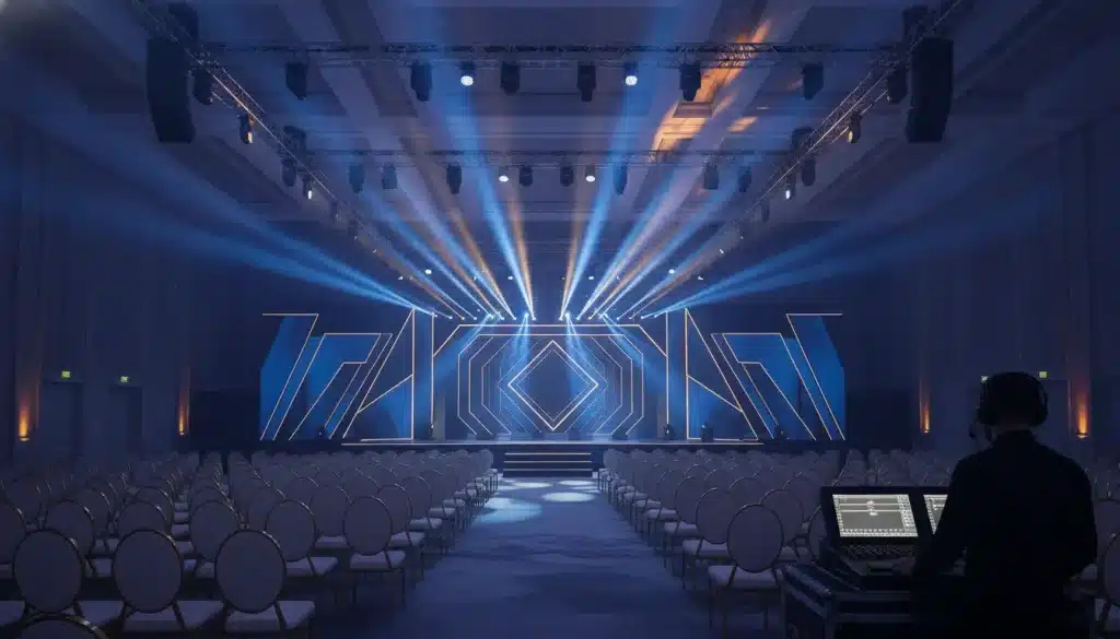 Concert stage with glowing lights and geometric design in a large indoor venue