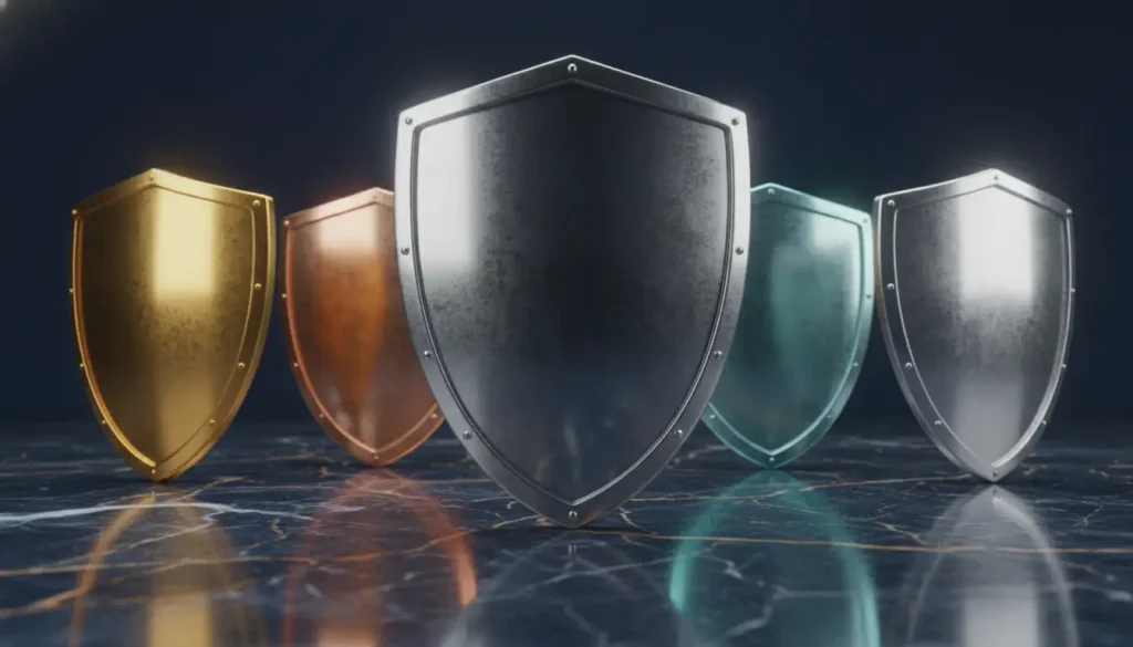 Five metallic shields in a row on a dark marble floor reflecting light