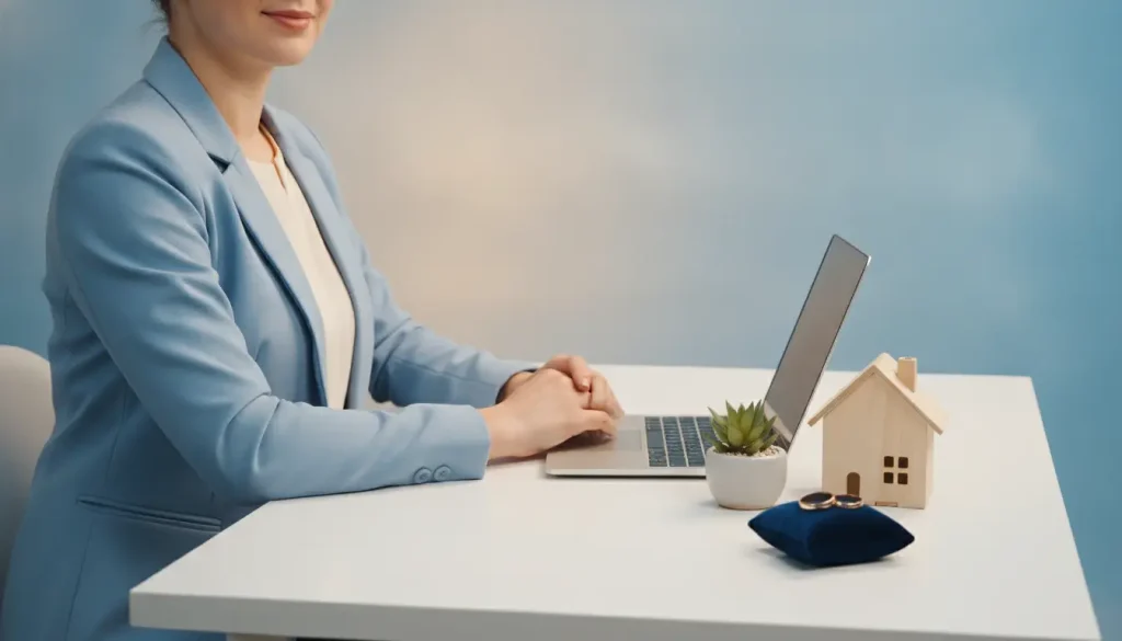 Businesswoman in blue blazer working at laptop on white desk with small house model