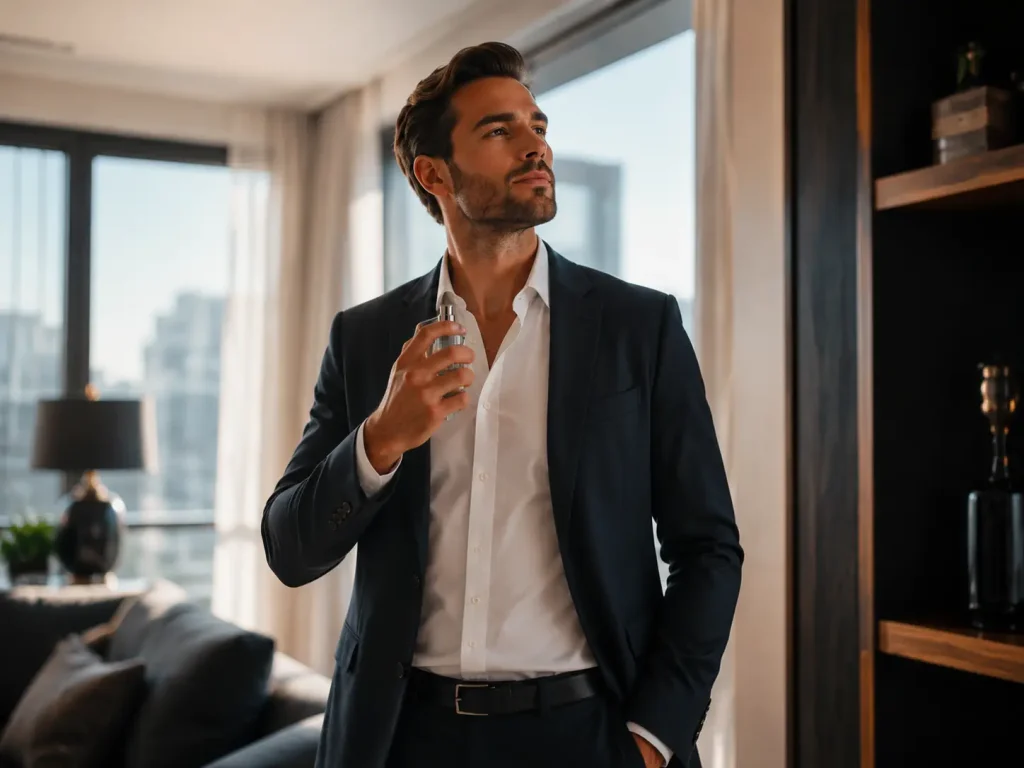 Man in suit applying cologne in a modern living room with large windows