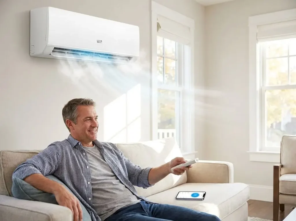 Man sitting on beige sofa using remote to control air conditioner in bright living room