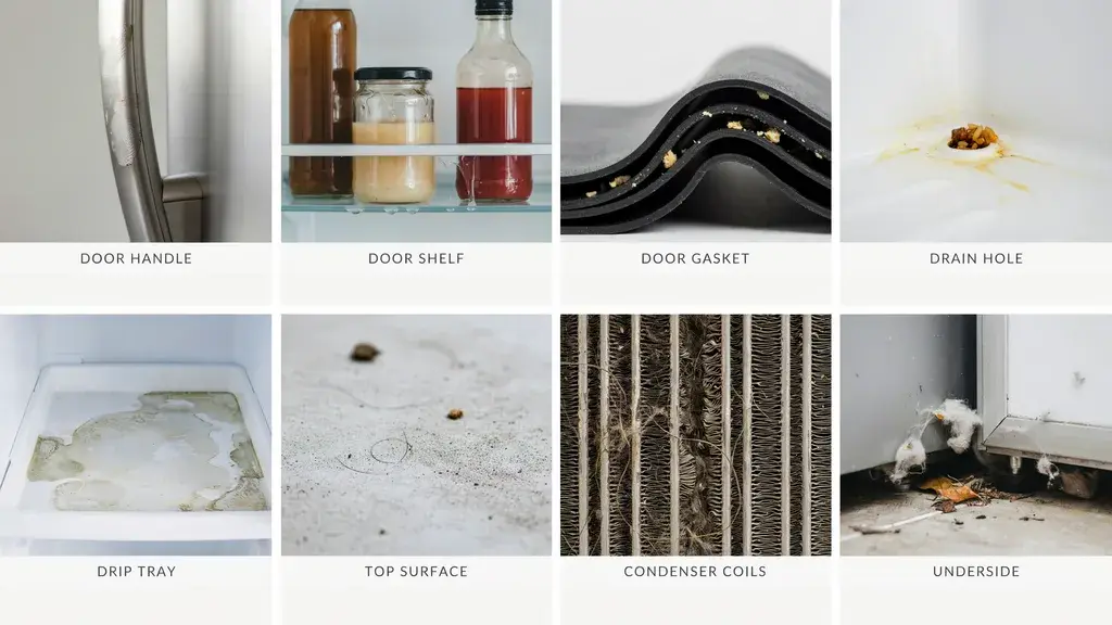 Grid of 8 photos showing the dirty fridge spots: handle, shelf, gasket, drain hole, drip tray, coils, underside