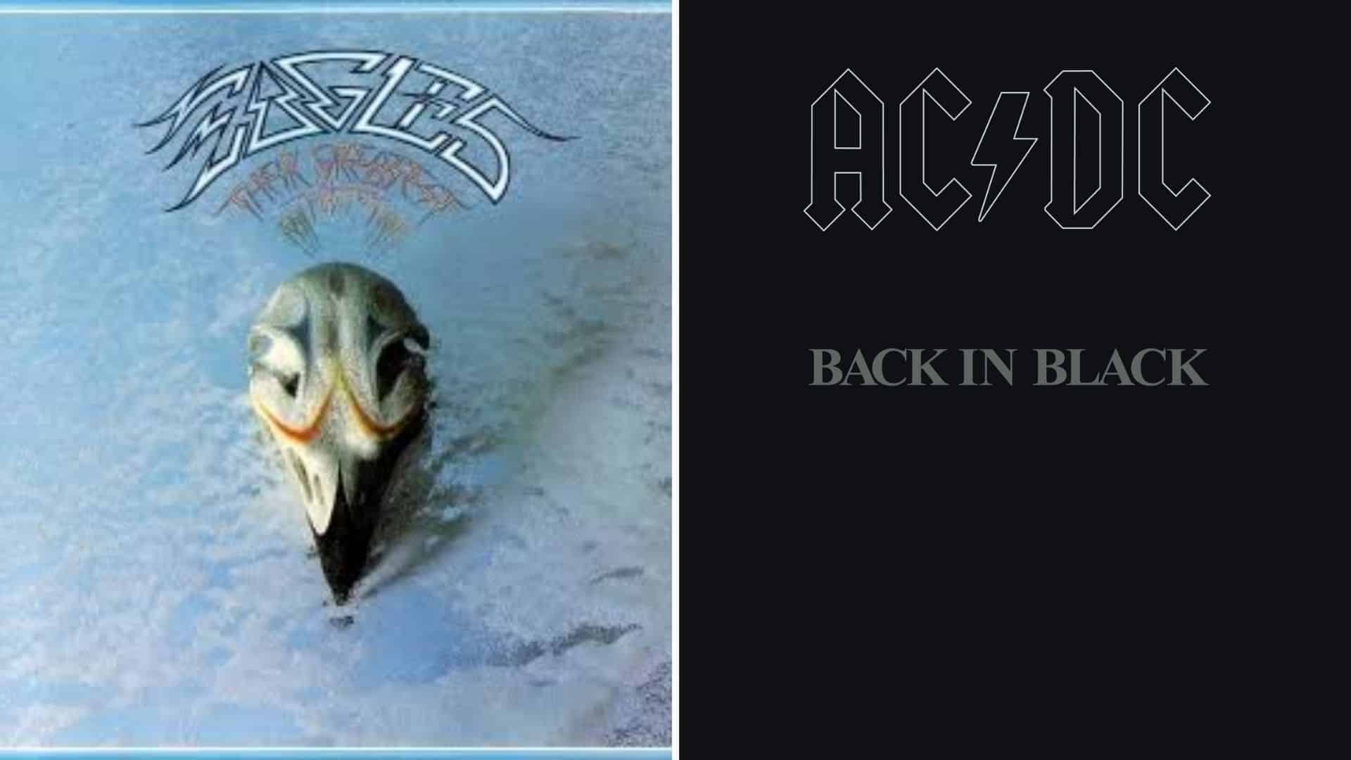 Split album covers: Eagles' skull logo on icy blue background beside AC/DC's outlined logo for Back in Black.