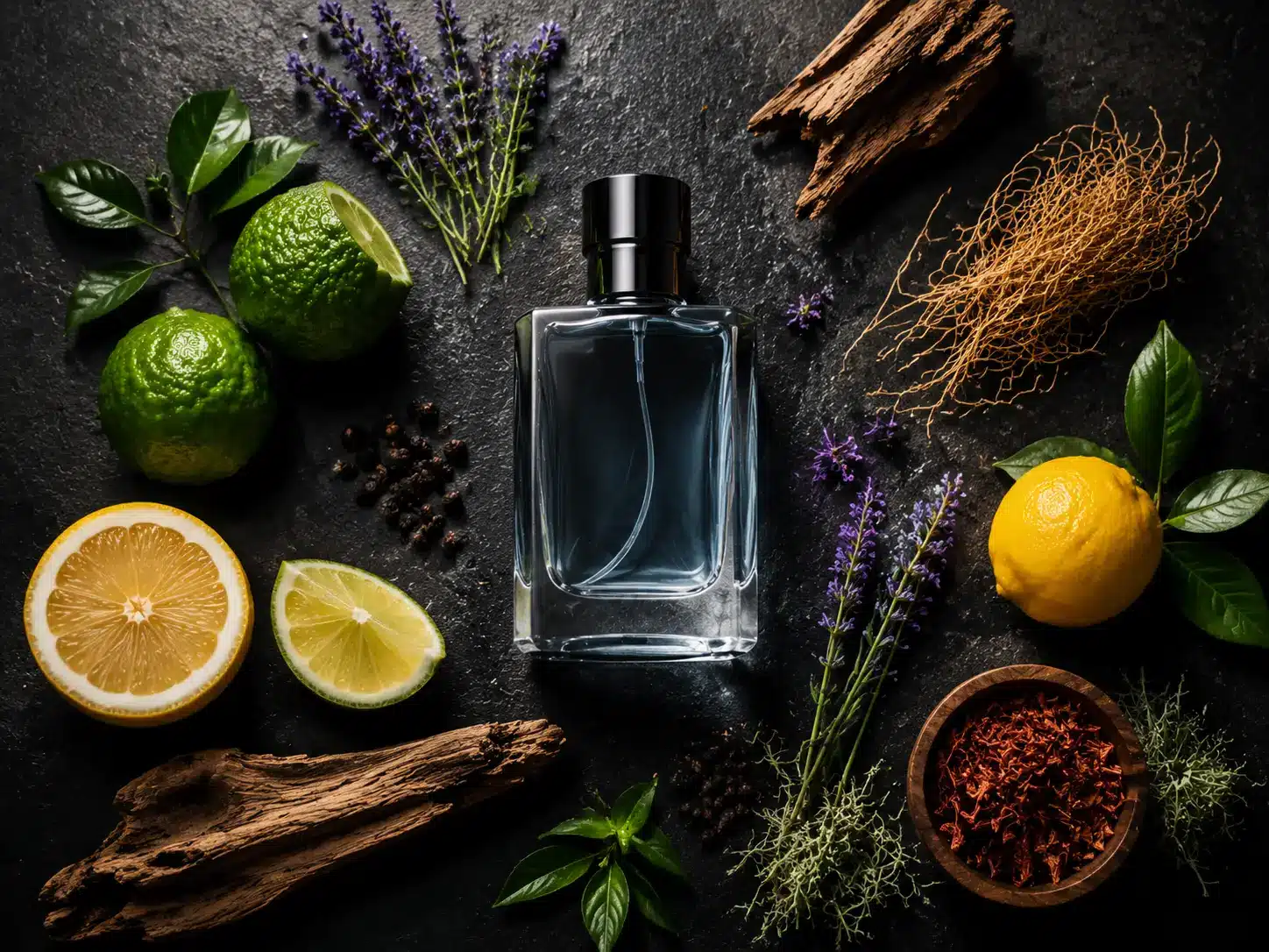 Perfume bottle surrounded by lime, lemon, lavender, spices, and wood on dark background