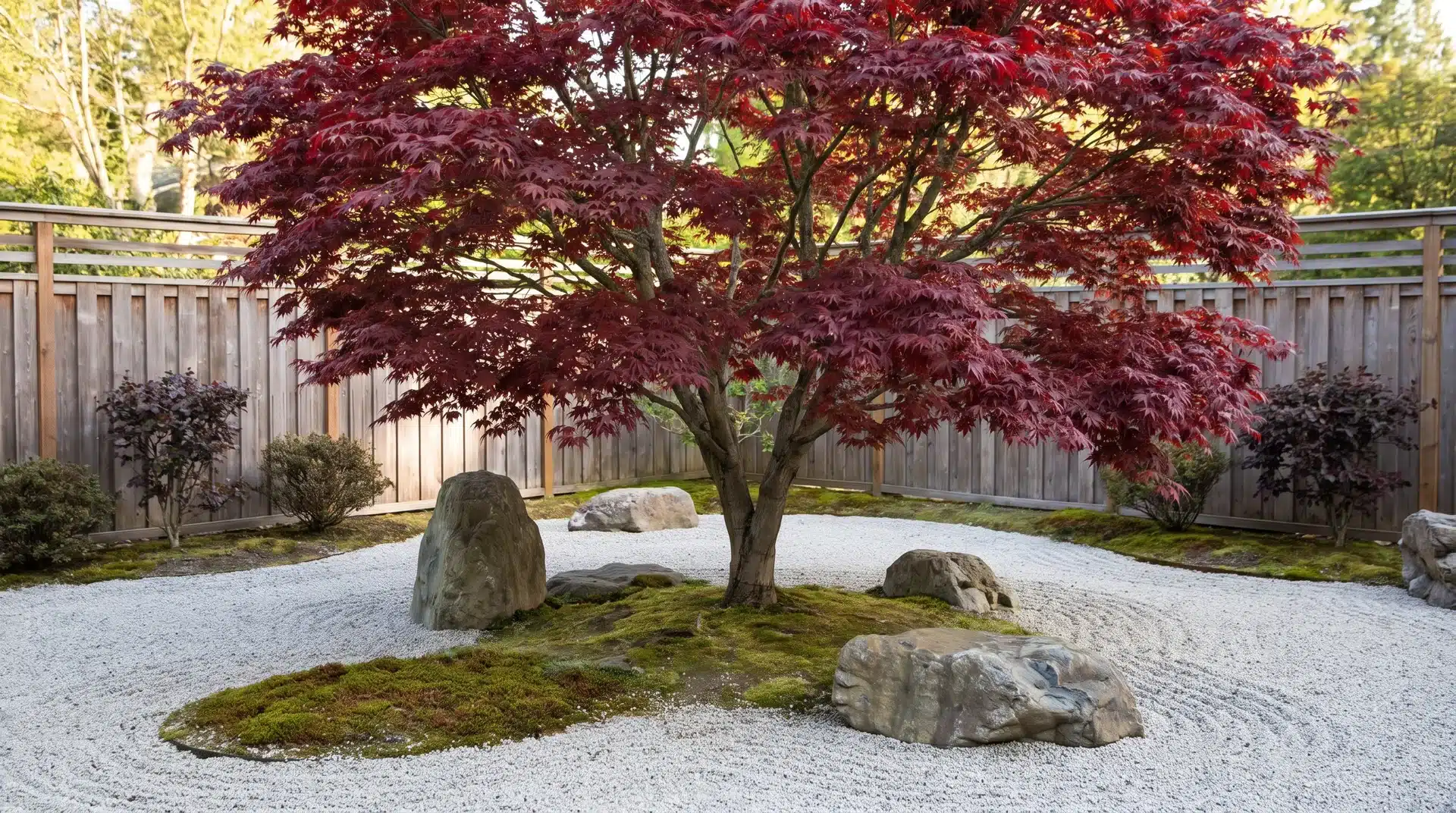 Japanese maple tree surrounded by gravel, stones, and ground cover in a zen garden