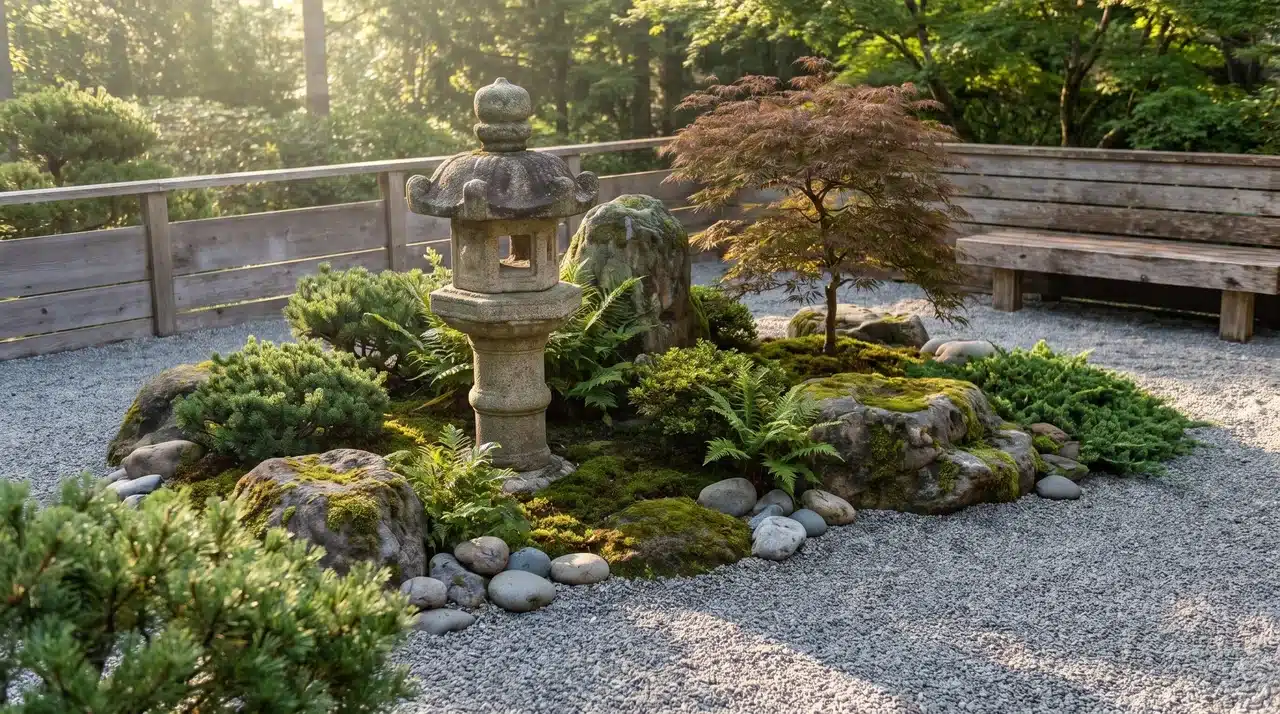 Stone lantern centerpiece in a minimalist zen garden with gravel, moss, and Japanese maple.