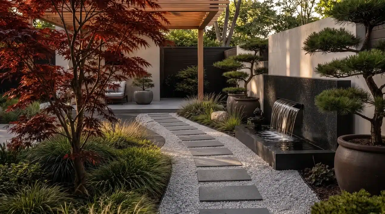 Modern zen garden with stepping stones, gravel path, water feature, Japanese maple, and minimalist landscaping.