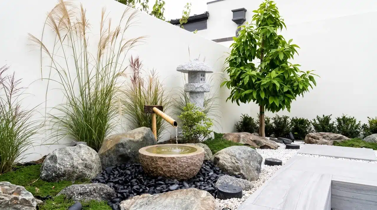 Japanese zen garden with stone water basin, bamboo fountain, rocks, gravel, and minimalist greenery.