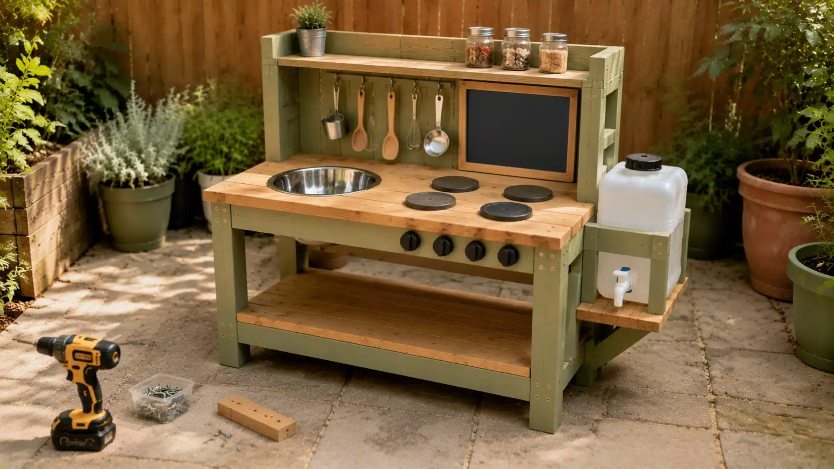 Mud kitchen finished with hob rings, menu board, and hanging play utensils.