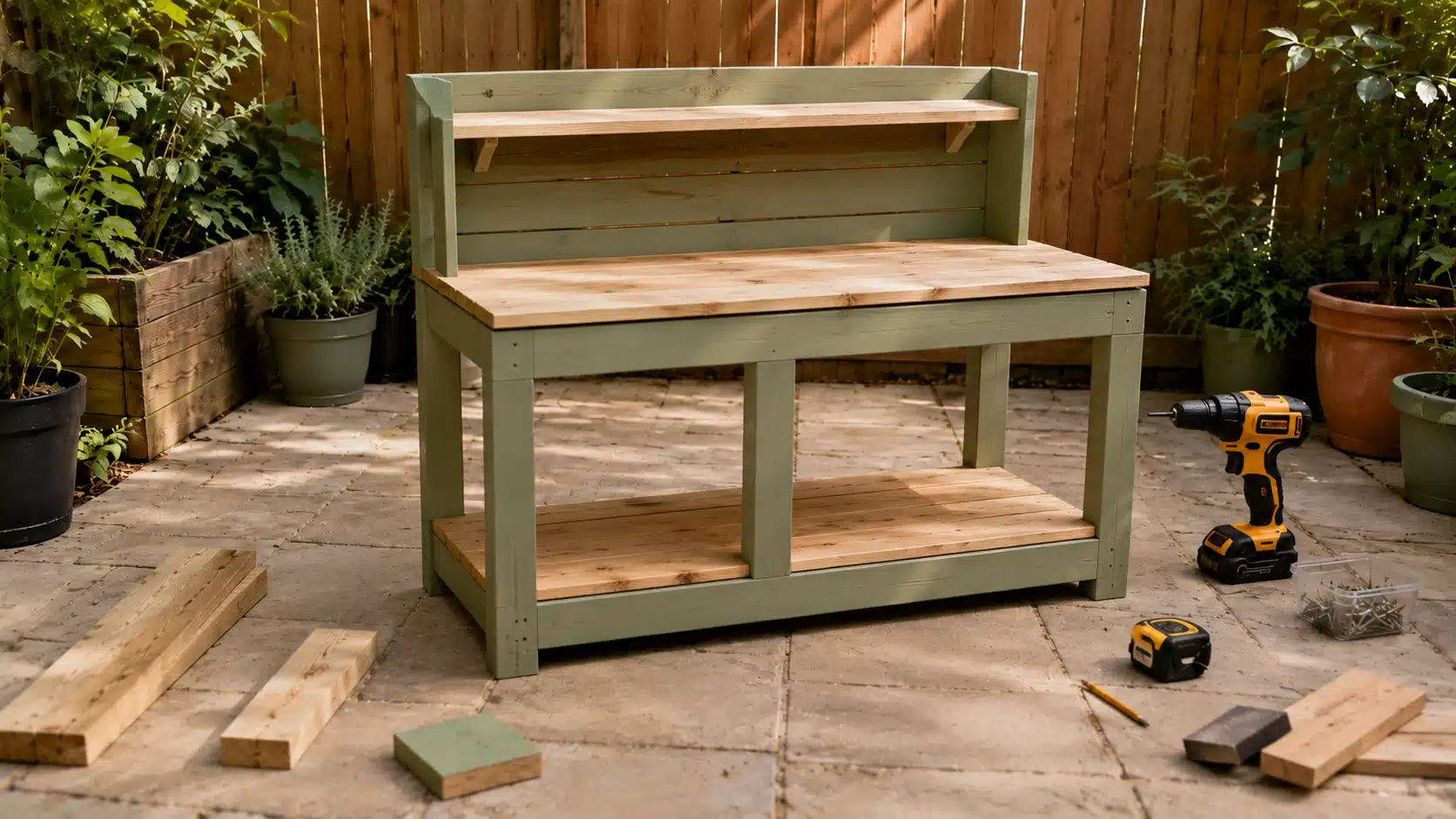 Mud kitchen with bottom shelf, worktop, and top shelf added in the same backyard setting.