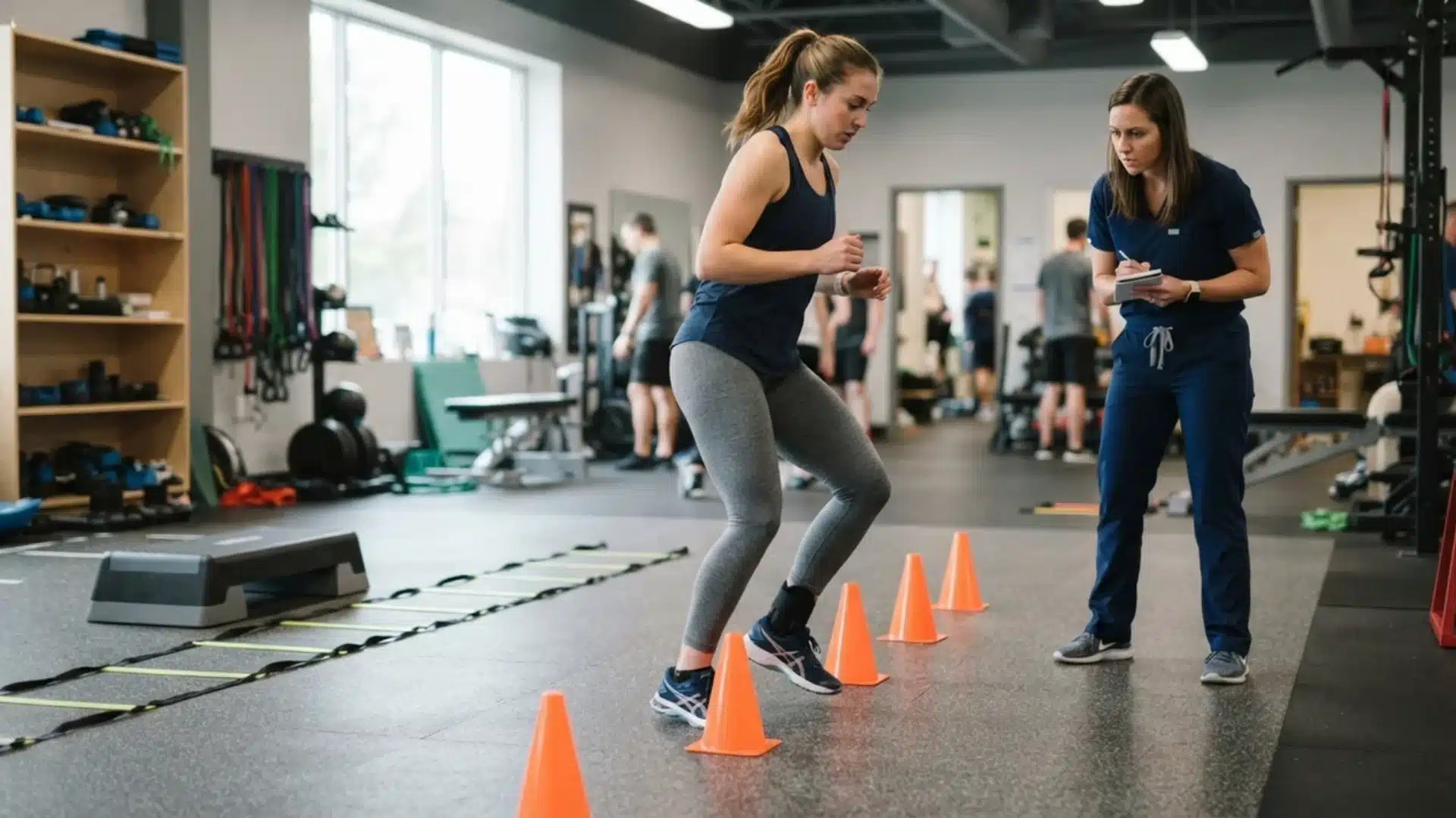 An athlete performs agility cone drills while a therapist takes notes during rehabilitation