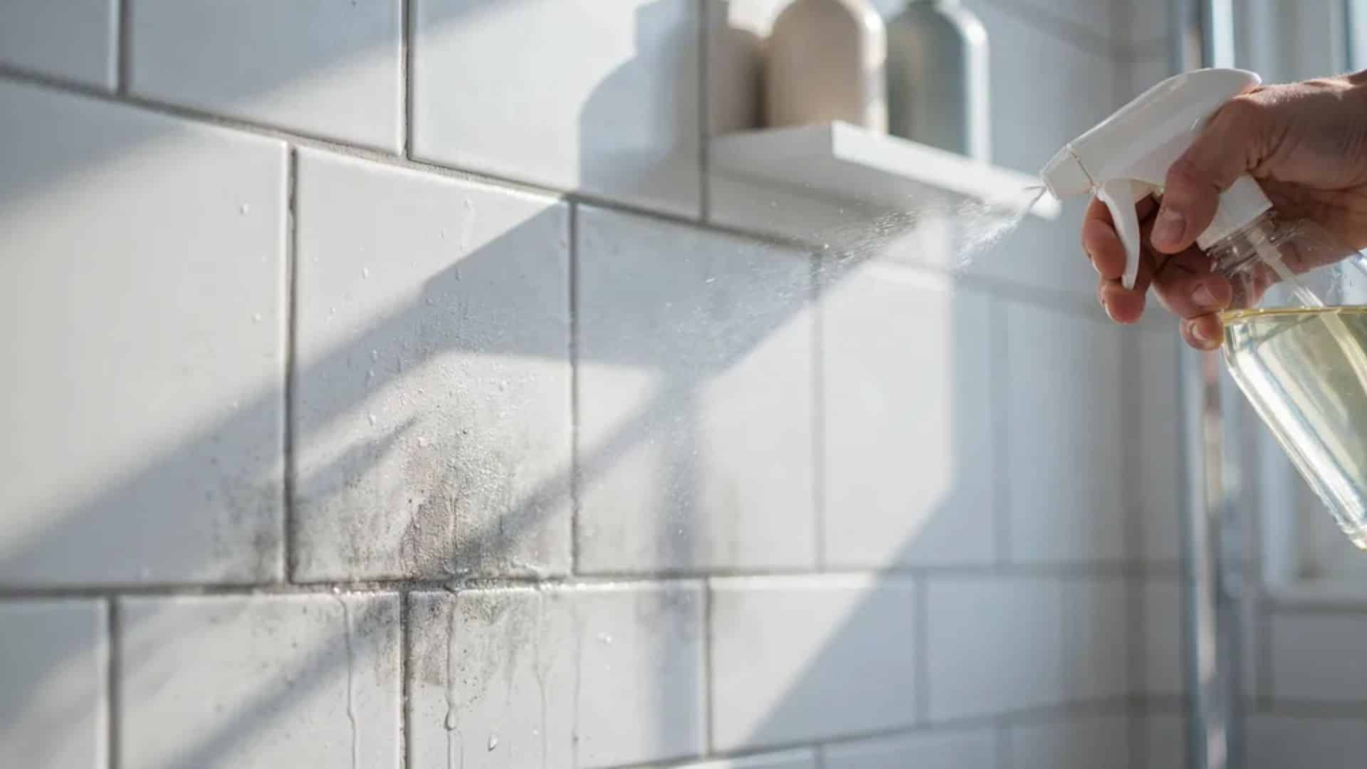 Hand spraying cleaning solution on moldy grout and tiles in modern bathroom shower with visible mist coverage