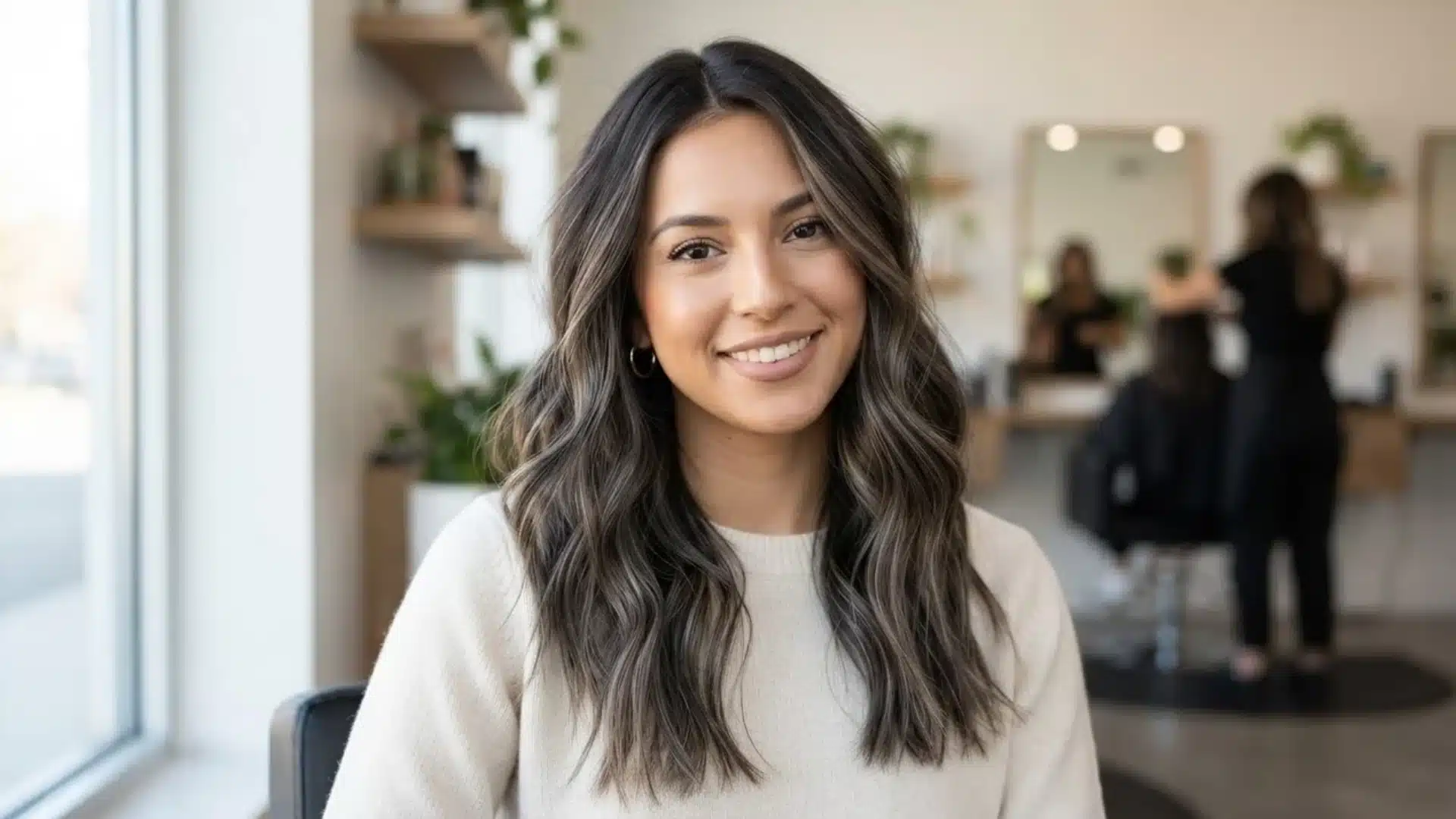 dark brown hair with cool ash brown highlights on grey towel