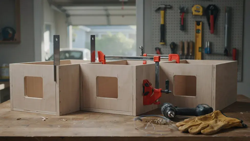 DIY kitchen island cabinet base assembly with clamps, drill, and tools securing unfinished cabinets together.