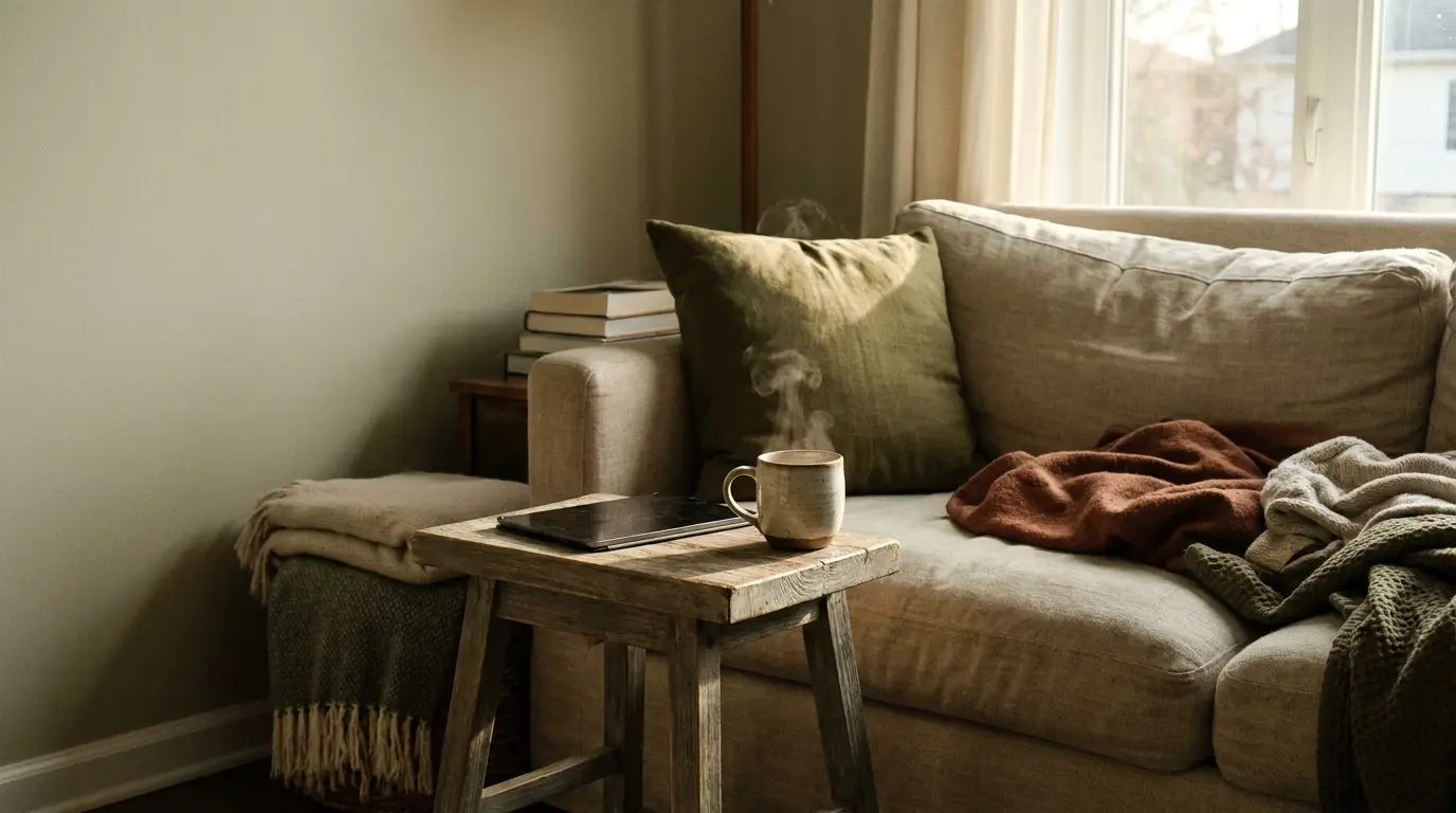 Cozy living room with beige sofa, green cushion, warm blankets, and steaming mug on wooden table