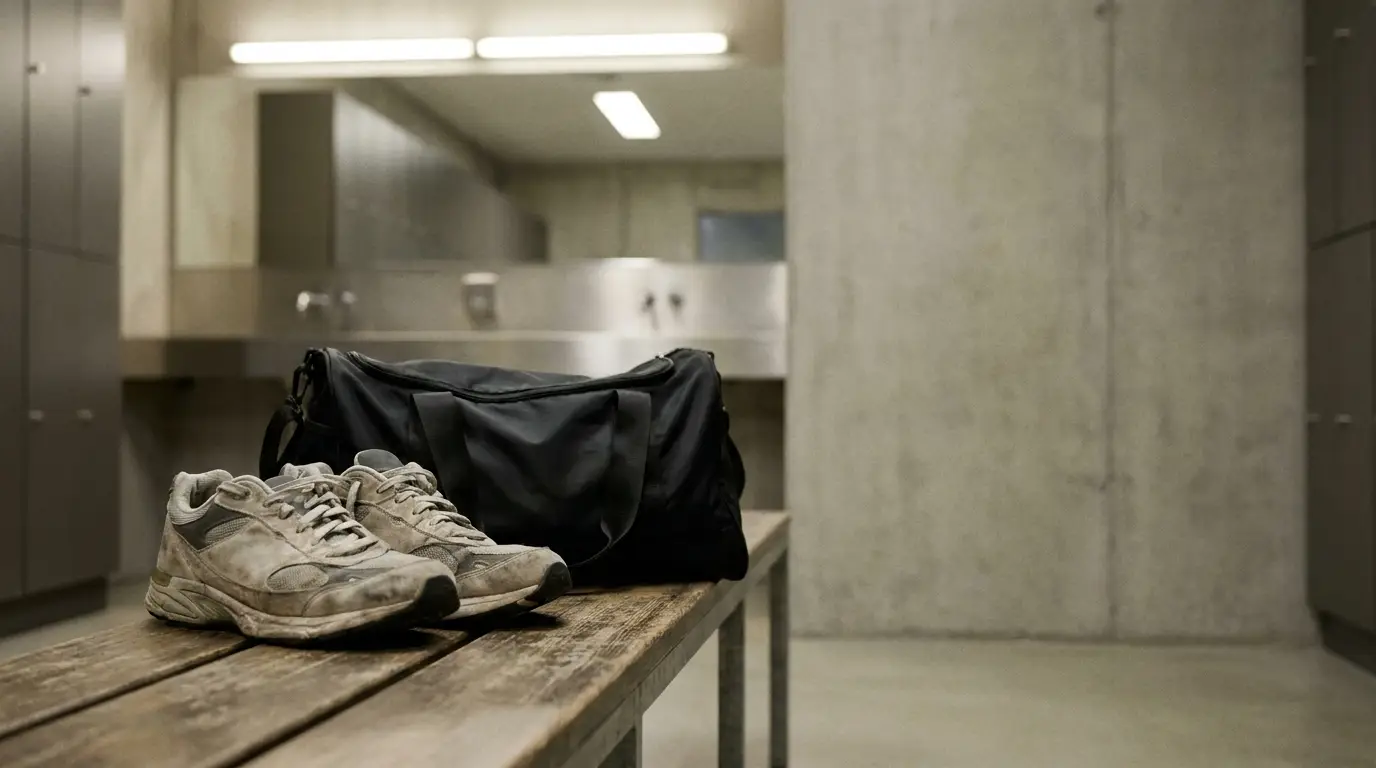 Worn sneakers and black duffel bag on wooden bench in minimalist locker room