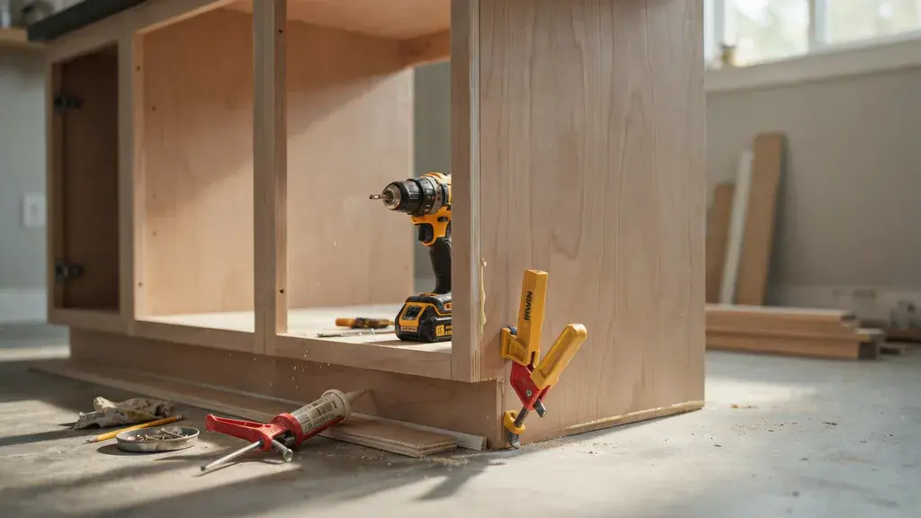 DIY kitchen island panels attached with clamps, drill, wood trim, and caulk gun during cabinet assembly.