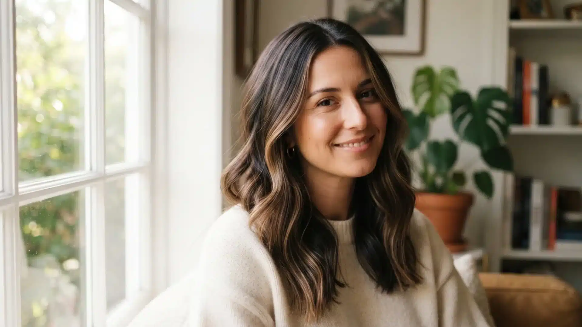 dark brown hair with fine scattered babylights under natural light