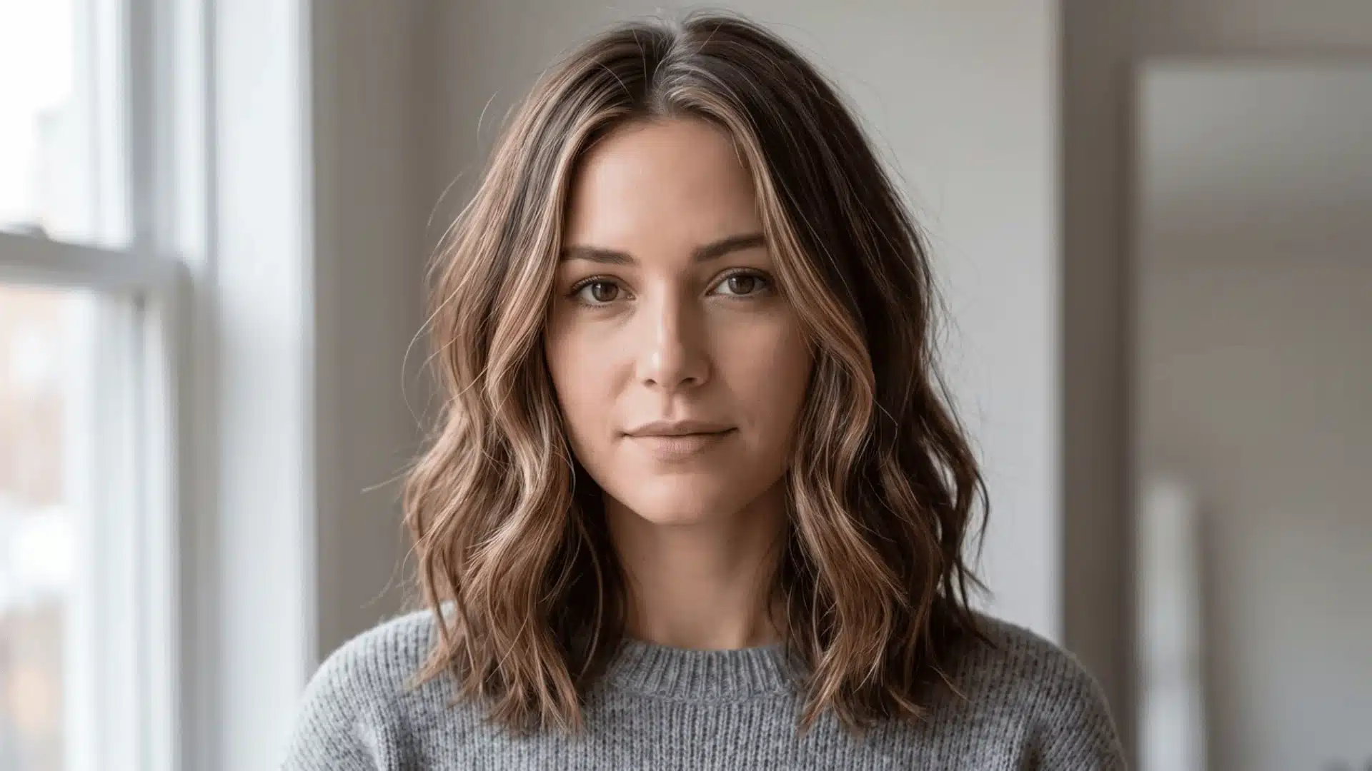 Face framed by soft babylight highlights blended through fine strands around the hairline