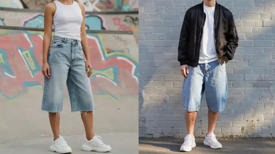 Woman and man styling oversized baggy jorts with casual streetwear outfits in split screen fashion photo.