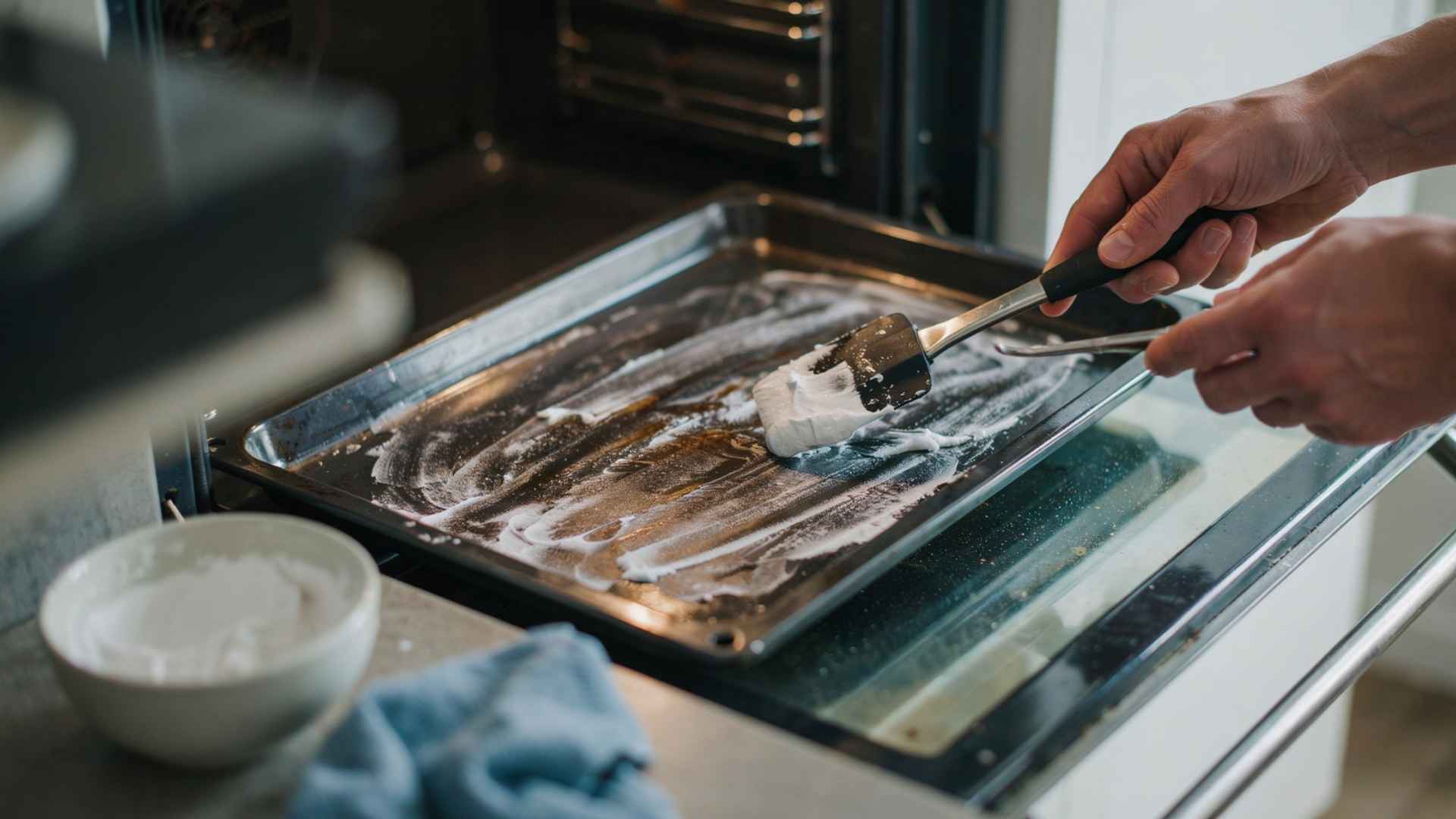 Hands spreading baking soda paste on oven surface for natural cleaning, close-up kitchen scene.