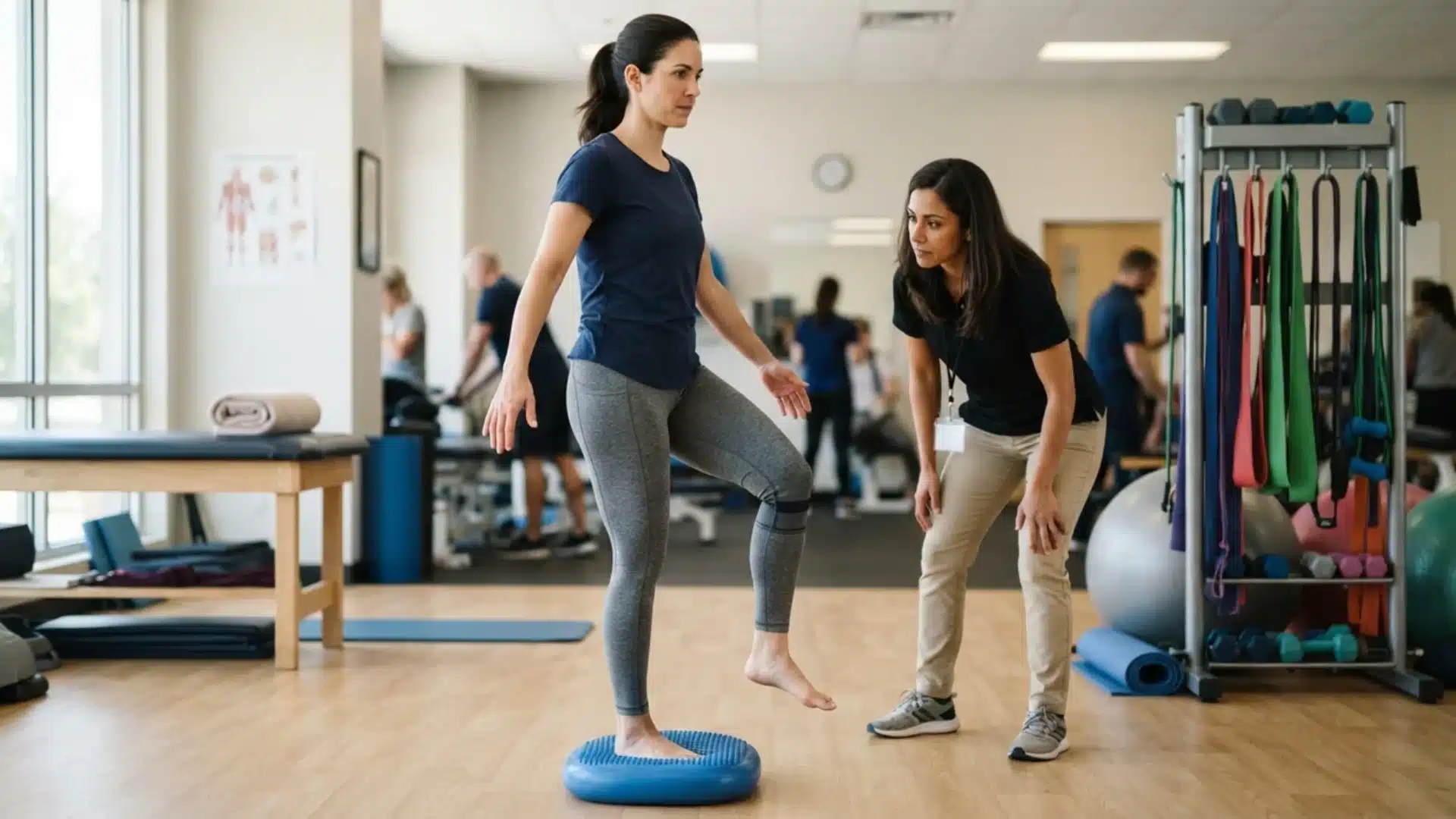 A woman practices single-leg balance on a blue stability disc monitored by therapist