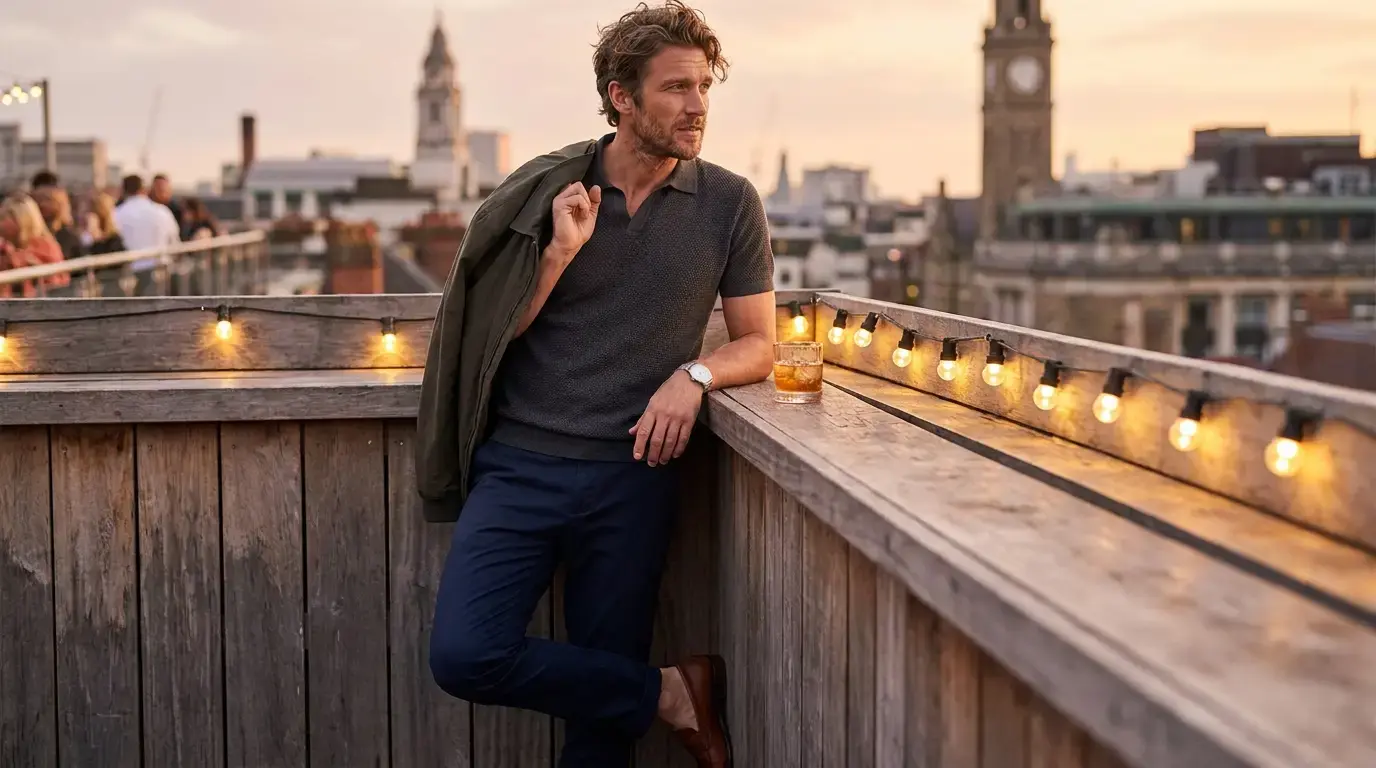 Man in a textured knit polo and tailored chinos leaning on a rooftop bar railing at golden hour with a city skyline behind him
