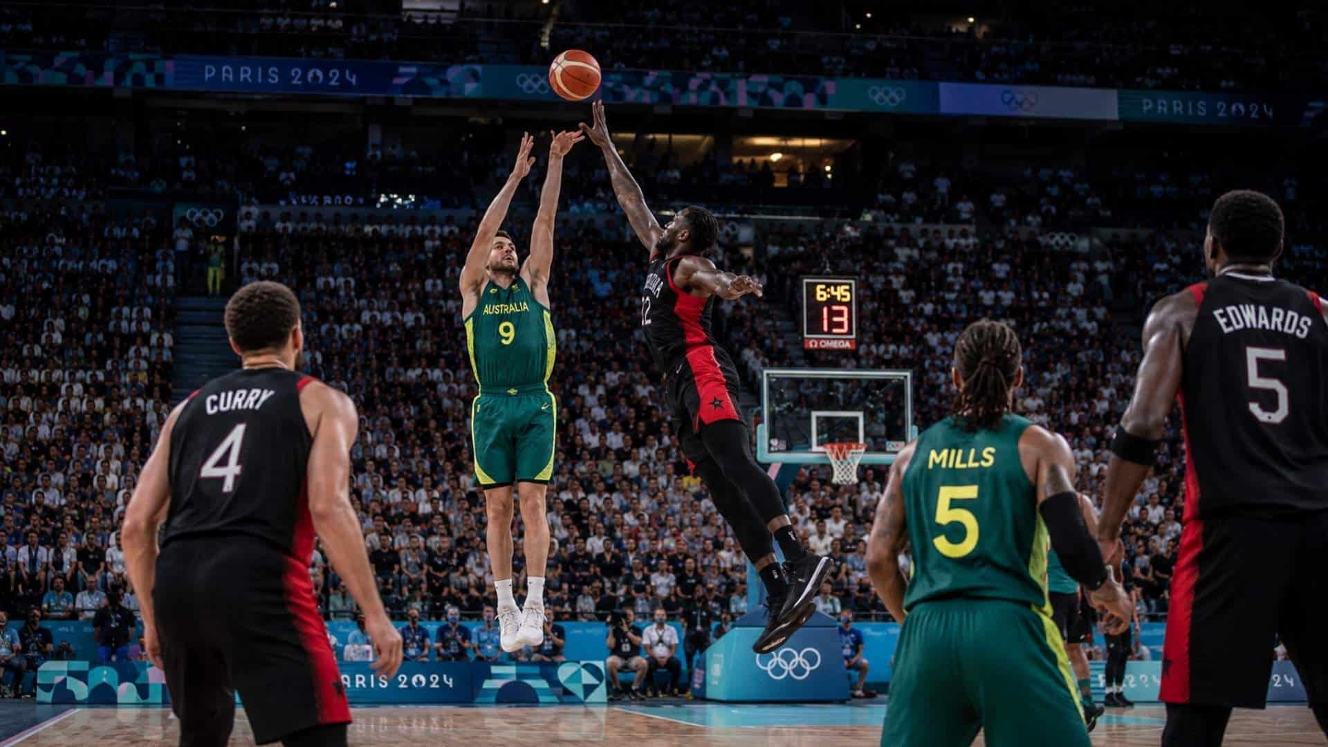 Basketball Olympic game action with contested jump shot, player shooting over defender