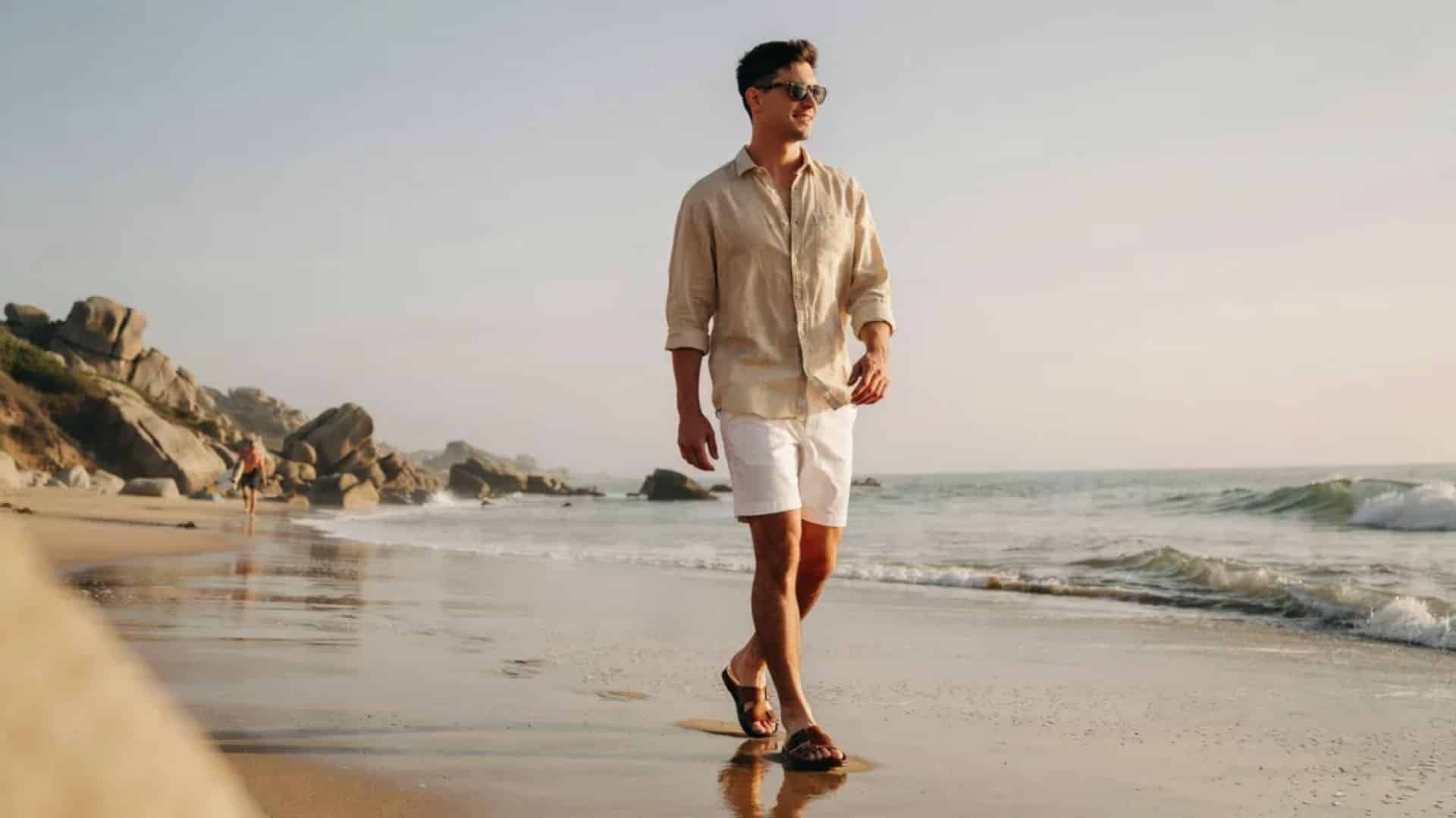 Man wearing beige linen shirt white shorts and brown sandals walking on beach during golden hour with coastal background.