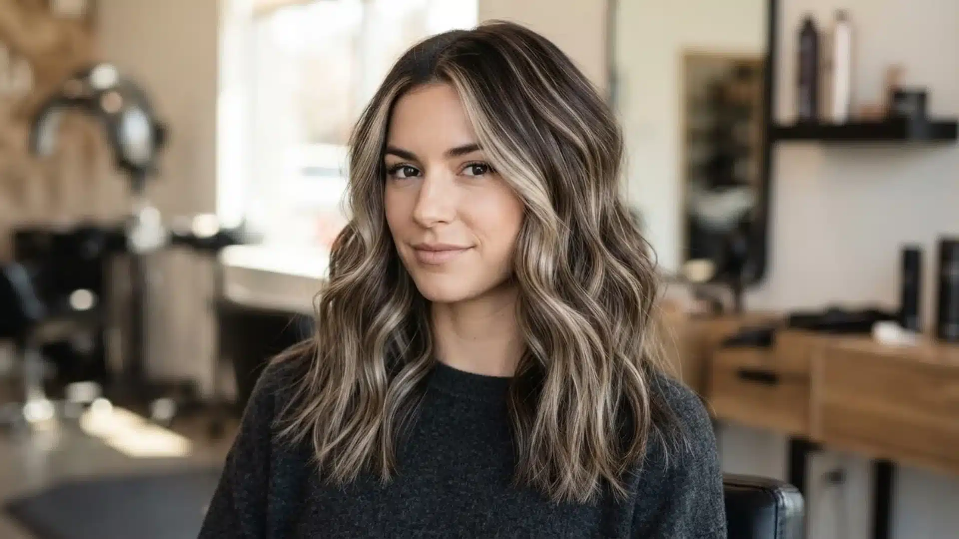 dark brown hair with beige blonde highlights on white cape