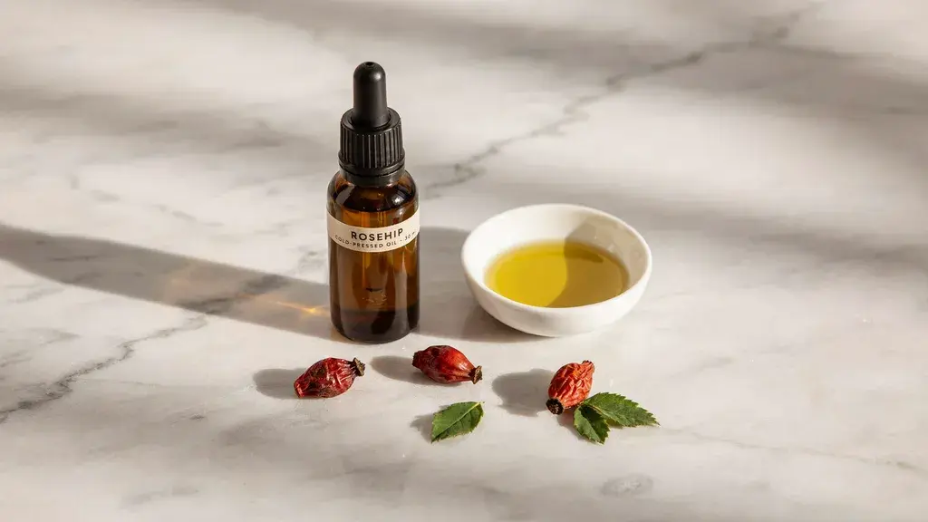 Rosehip oil bottle beside a bowl of oil with dried rosehips and leaves on marble