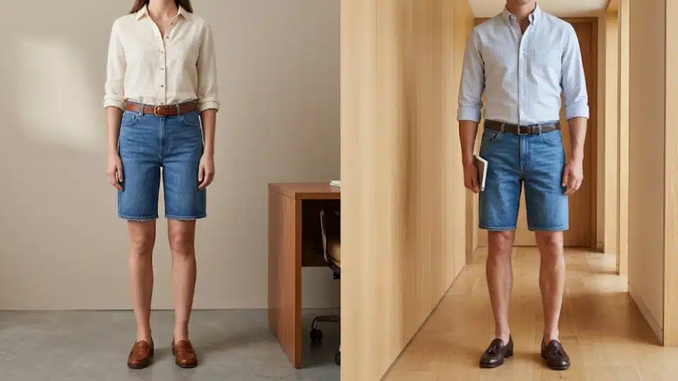 Woman and man wearing knee length Bermuda jorts with polished casual outfits in split screen.