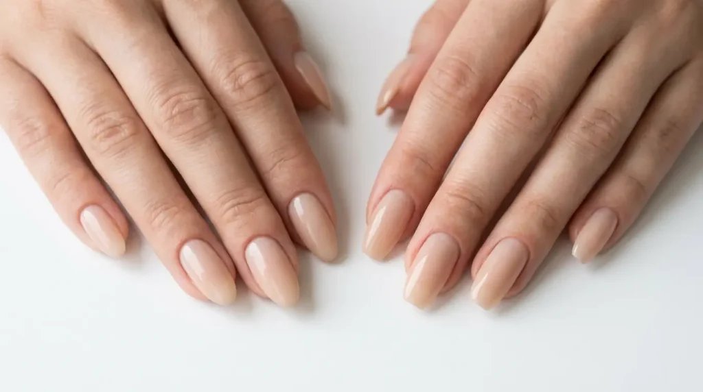 Almond shaped nails on left hand and squared nails on right hand in glossy nude polish for comparison