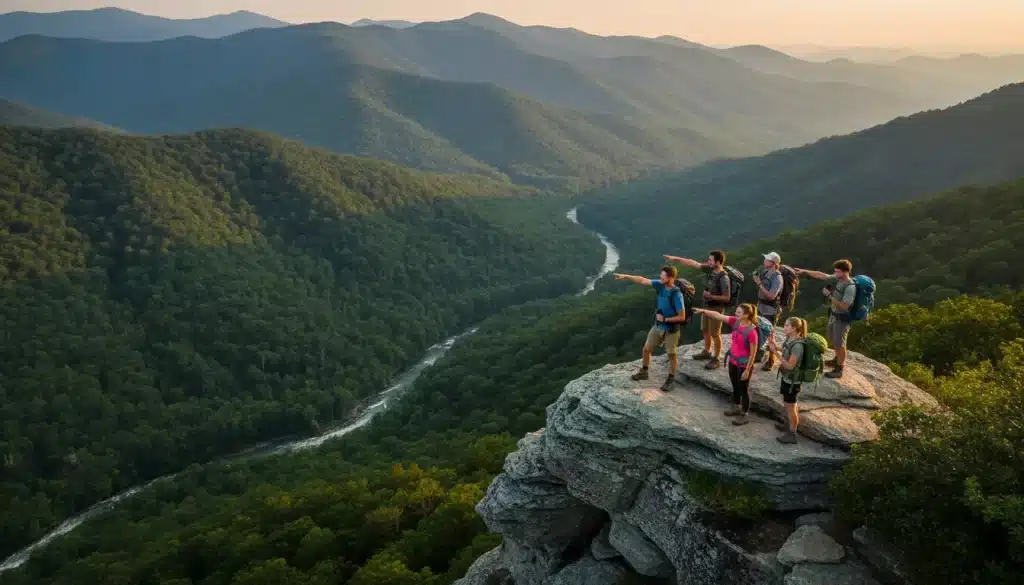 Group of hikers with backpacks standing on cliff overlooking forested mountains at sunset