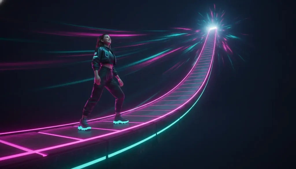 Woman walking on neon-lit futuristic pathway in dark modern setting with glowing effects