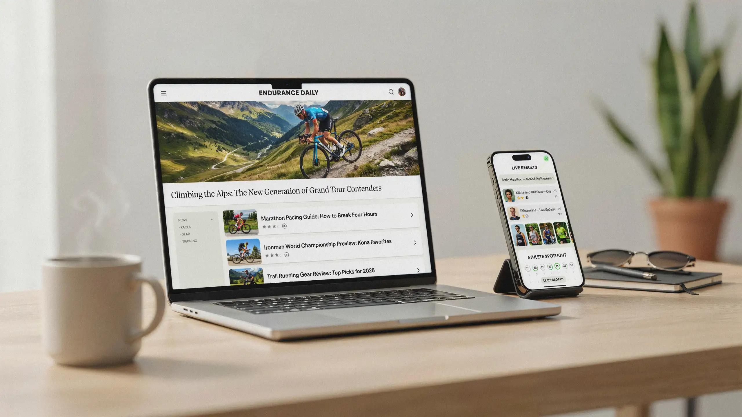 Desk setup with laptop and smartphone displaying endurance sports news and cycling coverage site
