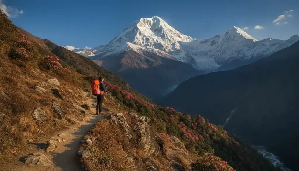 Hiker with orange backpack on mountain trail gazing at snow-capped peaks in daylight