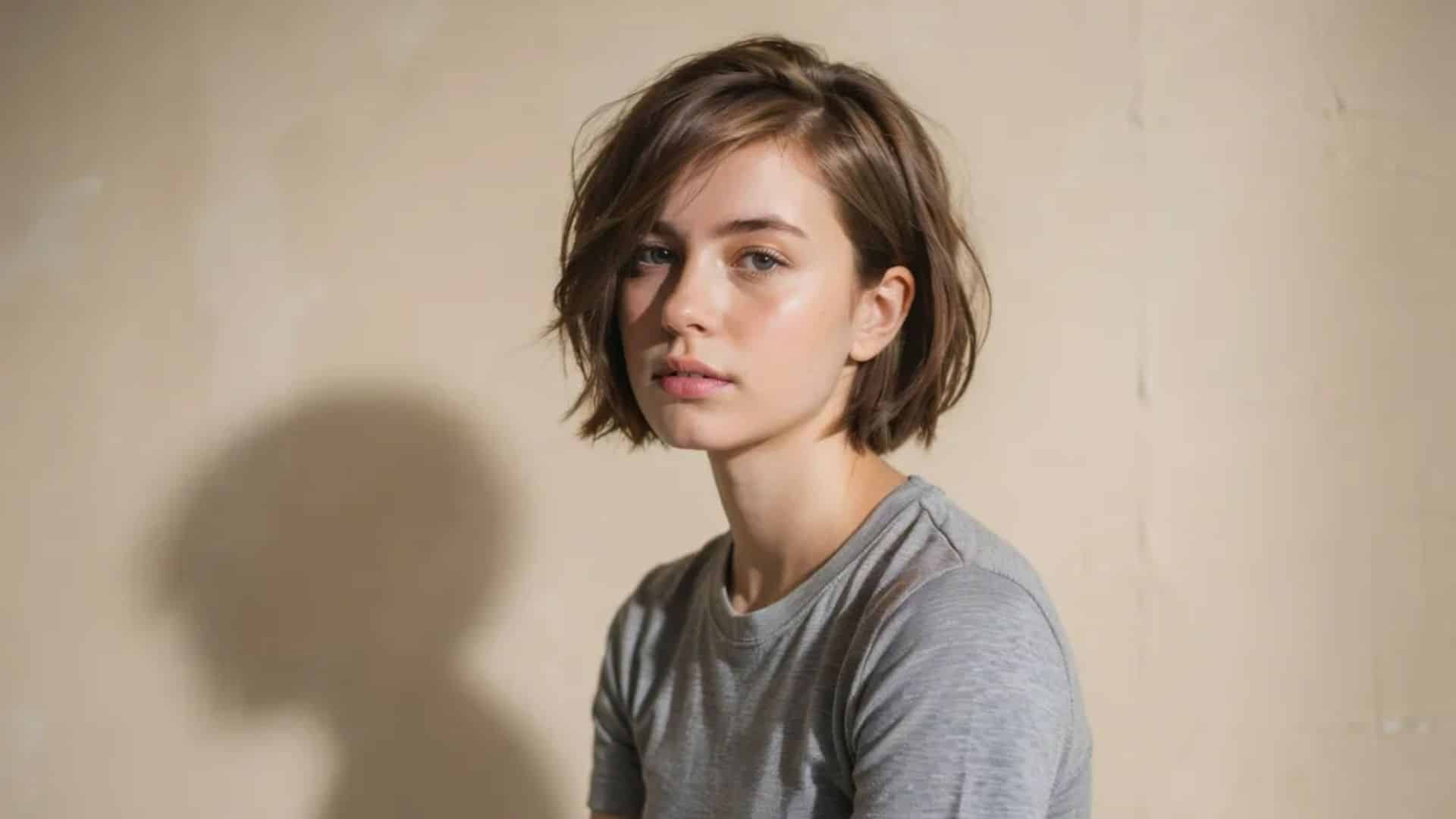 Tousled bixie cut blending pixie shortness with bob-length wavy texture.
