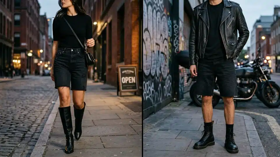Woman and man styling black denim jorts with modern monochrome outfits.
