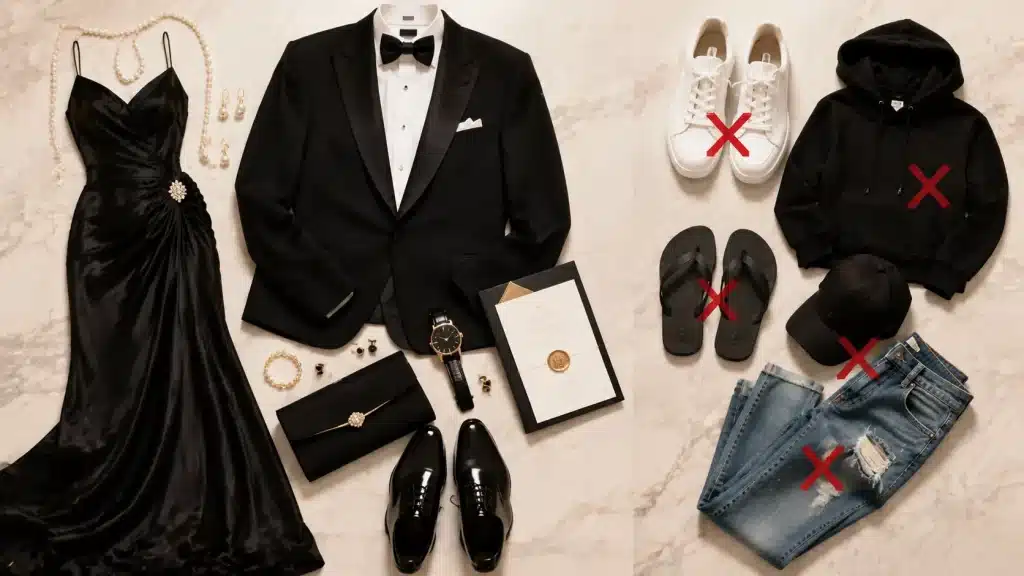 Black-tie dress code essentials contrasted with casual clothing items