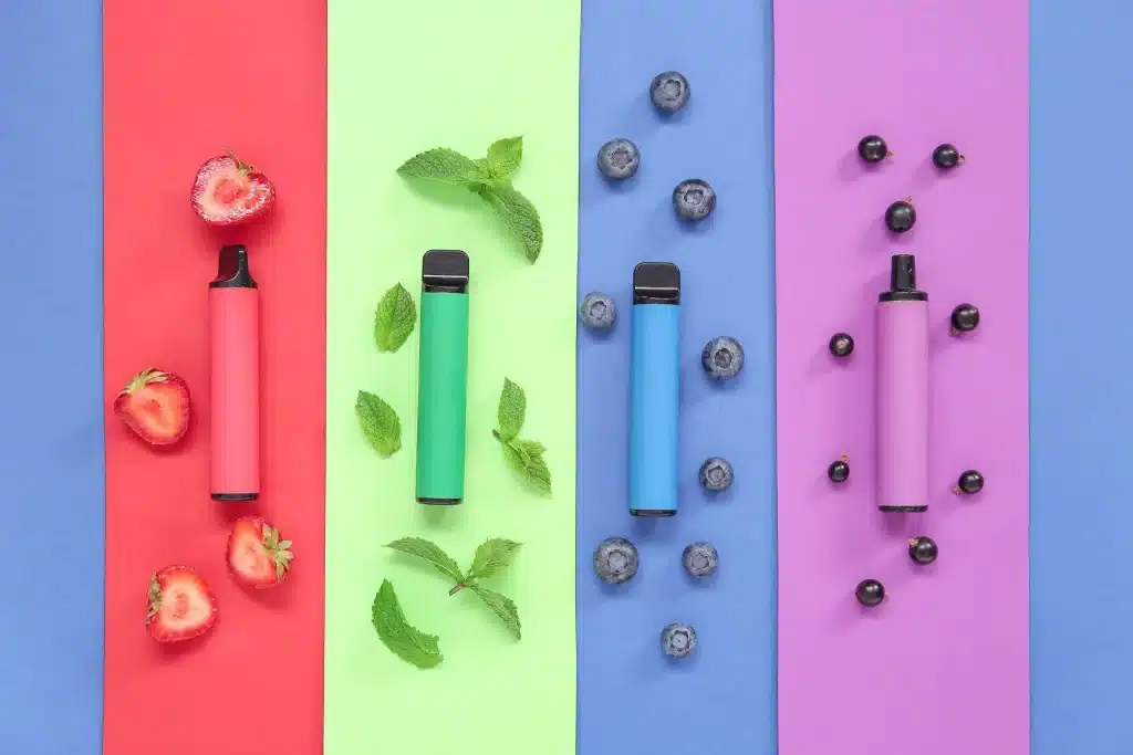 Colorful vape pens with fresh strawberries, mint, blueberries, and currants on vibrant backgrounds