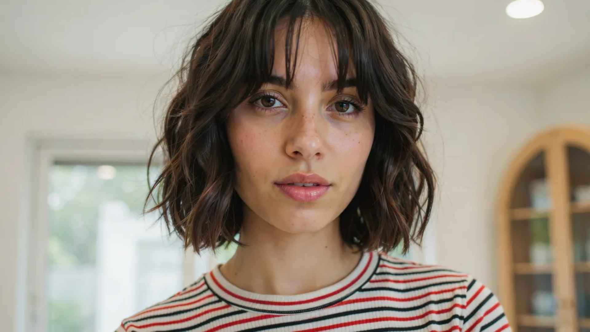 Woman with a blunt bob featuring invisible layers and a smooth one-length appearance.