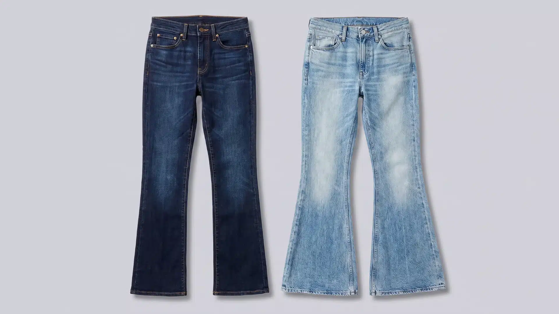Side by side comparison of dark bootcut jeans and light flare jeans showing differences in leg shape and denim style