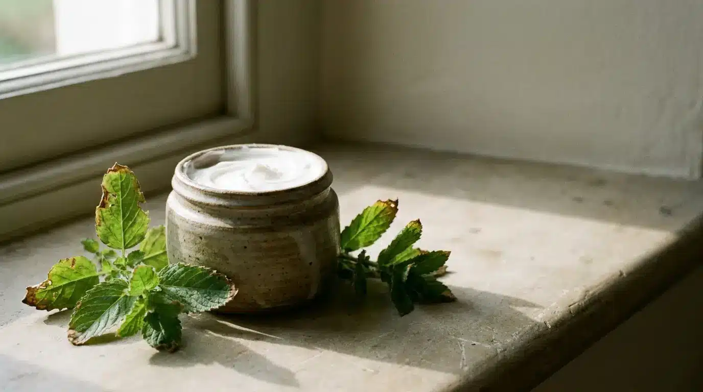 Ceramic jar of cream and green leaves on sunlit windowsill