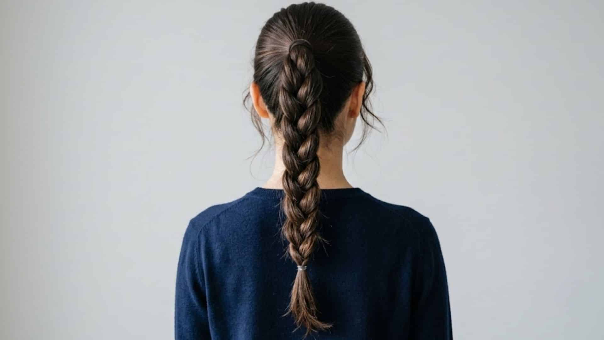High ponytail styled into a thick braid down the back