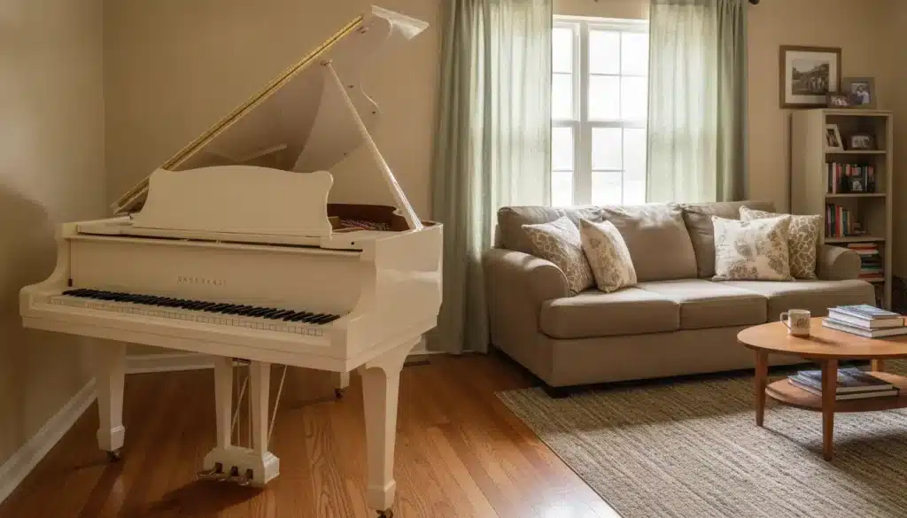 White grand piano and beige sofa in cozy living room with hardwood floors and soft lighting