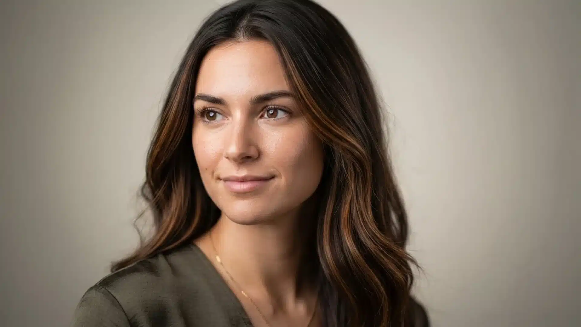 Woman with dark brown wavy hair featuring subtle bronze and copper highlights smiling softly